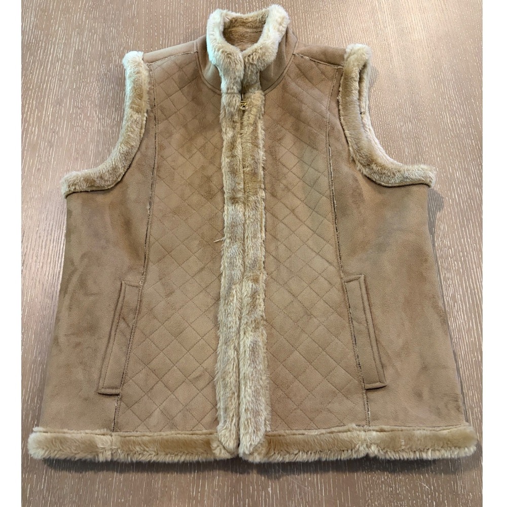 Jaclyn Smith Women's L Tan Faux Suede Sherpa Lined Quilted Vest Full Zip